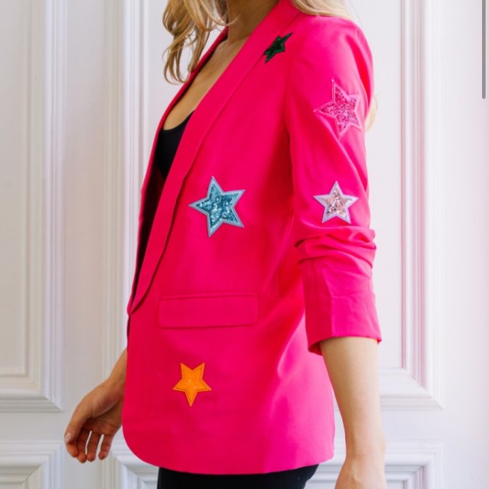 B126🌸Stunning sequin star hot pink blazer w/3/4 ruched sleeves-classy+ sassy!🌸 - Picture 8 of 11